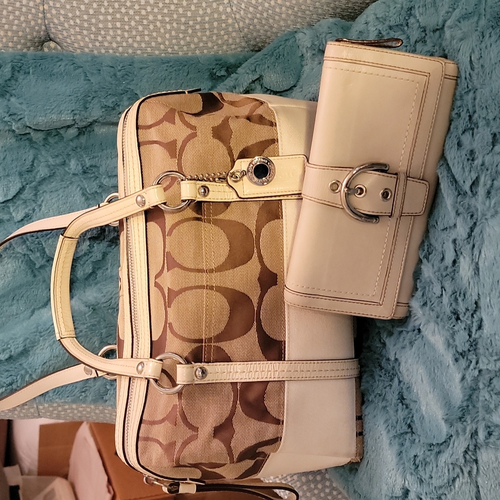 Coach signature khaki/white strip canvas purse F13551 and wallet